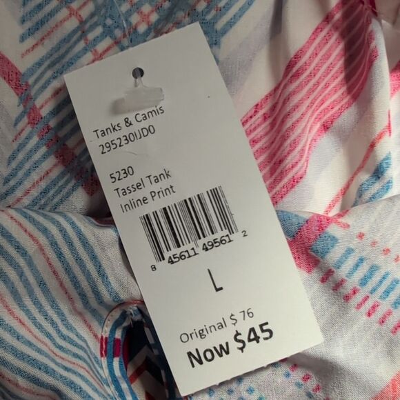 CAbi Top Womens Large Red Blue #5230 Tassel Tank Inline Print NWT - Picture 6 of 10
